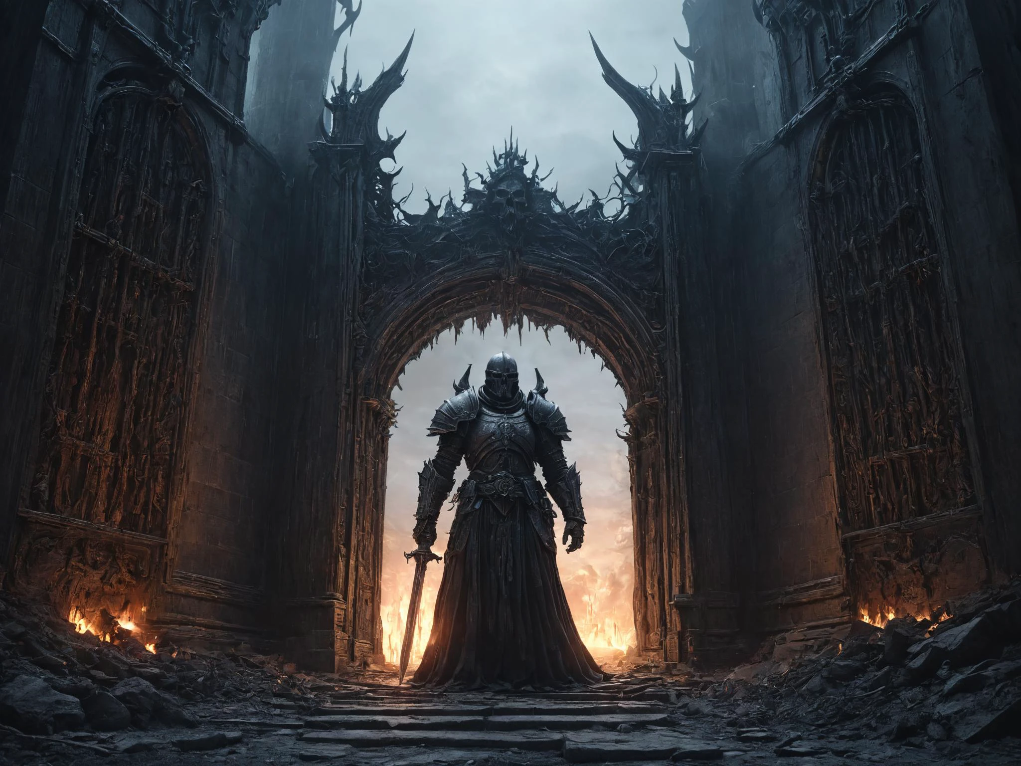 masterpiece, highly detailed drawing, hdr, octane render, a death knight guarding the gate to hell, clean lines, cinematic lighting, mysterious atmosphere, <lora:LLBretonXL2:0.5> llbreton, <lora:Peter_Gric_style_SDXL:0.6> Gric