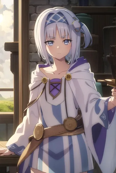 synelokk, <lora:syne lokk s3-lora-nochekaiser:1>,
syne lokk, short hair, bangs, hair ornament, white hair, hairband, side ponytail, (grey eyes:1.3),
BREAK collarbone, hood, cloak,
BREAK outdoors, forest, nature, sky, sun, clouds, trees, grass,
BREAK looking at viewer, (cowboy shot:1.5),
BREAK <lyco:GoodHands-beta2:1>, (masterpiece:1.2), best quality, high resolution, unity 8k wallpaper, (illustration:0.8), (beautiful detailed eyes:1.6), extremely detailed face, perfect lighting, extremely detailed CG, (perfect hands, perfect anatomy),