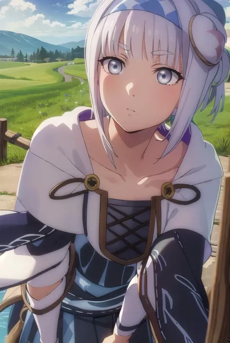 synelokk, <lora:syne lokk s3-lora-nochekaiser:1>,
syne lokk, short hair, bangs, hair ornament, white hair, hairband, side ponytail, (grey eyes:1.3),
BREAK collarbone, hood, cloak,
BREAK outdoors, forest, nature, sky, sun, clouds, trees, grass,
BREAK looking at viewer, (cowboy shot:1.5),
BREAK <lyco:GoodHands-beta2:1>, (masterpiece:1.2), best quality, high resolution, unity 8k wallpaper, (illustration:0.8), (beautiful detailed eyes:1.6), extremely detailed face, perfect lighting, extremely detailed CG, (perfect hands, perfect anatomy),