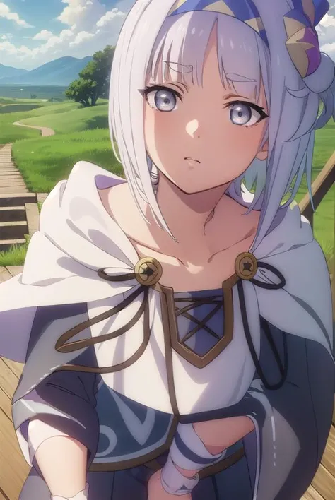 synelokk, <lora:syne lokk s3-lora-nochekaiser:1>,
syne lokk, short hair, bangs, hair ornament, white hair, hairband, side ponytail, (grey eyes:1.3),
BREAK collarbone, hood, cloak,
BREAK outdoors, forest, nature, sky, sun, clouds, trees, grass,
BREAK looking at viewer, (cowboy shot:1.5),
BREAK <lyco:GoodHands-beta2:1>, (masterpiece:1.2), best quality, high resolution, unity 8k wallpaper, (illustration:0.8), (beautiful detailed eyes:1.6), extremely detailed face, perfect lighting, extremely detailed CG, (perfect hands, perfect anatomy),