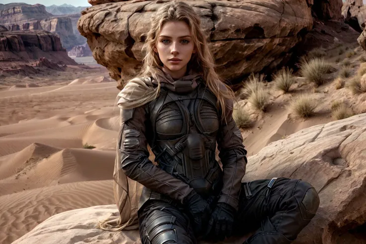 sci-fi setting, futuristic photo of annast0ck, as a freemen female warrior, wearing a stillsuit, cloak, long blonde hair, cinematic still, film grain, cinematic lightning, sitting in a rock over a cliff with endless desert dunes in the background,
(masterpiece, best quality, high quality), HDR, 8k wallpaper, sharp focus, detailed background, perfect hands, realistic eyes, detailed skin texture, (blush:0.5), (goosebumps:0.5), subsurface scattering,
<lora:stillsuitv1:0.7>
<lora:annastockv1:0.7>
<lora:add_detail:0.9>