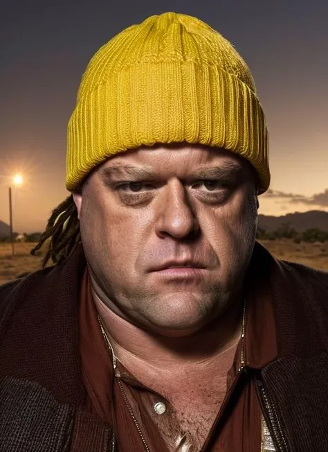<lora:hank:1> (masterpiece, award winning, best quality) Dean Noris as Hank Schrader rastaman (wearing rastaman colours beanie), 1man, professional photography, high resolution, 8k, detailed photo, hyperealistic, ultrasharp