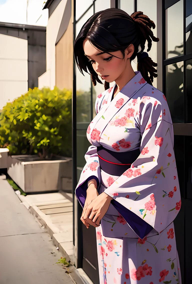 (masterpiece, best quality), 1girl, Deep Plum Dreadlocks, Size DD breasts, <lora:jyoji fuku v7:0.8> jyojifuku,obi,wide sleeves, yukata, dress, floral print