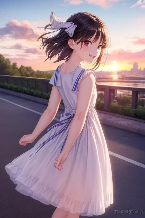 ultra-detailed,masterpiece,best quality,1girl,<lora:add_detail:1> Backlit,sunset,walking,petite,jyoni fuku, dress,outdoor,shiny eyes,evil smile, strong wind,from back<lora:jyoji fuku v1:0.7>