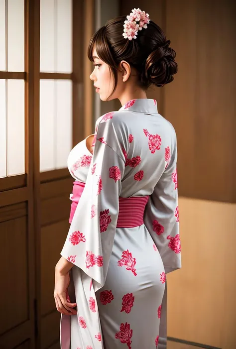 (masterpiece, best quality), 1girl,   Crimson Pinned-Back Curls with Gem Hairpins, tiny breasts,  <lora:jyoji fuku v7:0.8> jyojifuku,obi,wide sleeves, yukata, dress, floral print