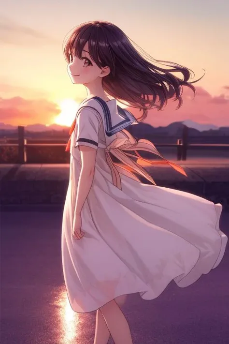ultra-detailed,masterpiece,best quality,1girl,<lora:add_detail:1> Backlit,sunset,walking,petite,jyoni fuku, dress,outdoor,shiny eyes,evil smile, strong wind,from side<lora:jyoji fuku v1:0.7>