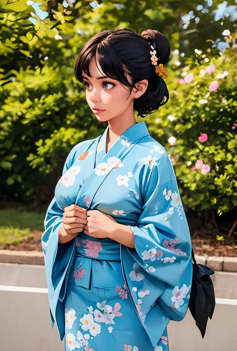(masterpiece, best quality), 1girl, Pine green Twisted Half-Updo with Leaf Accessories, Size A breasts, <lora:jyoji fuku v7:0.8> jyojifuku,obi,wide sleeves, yukata, dress, floral print