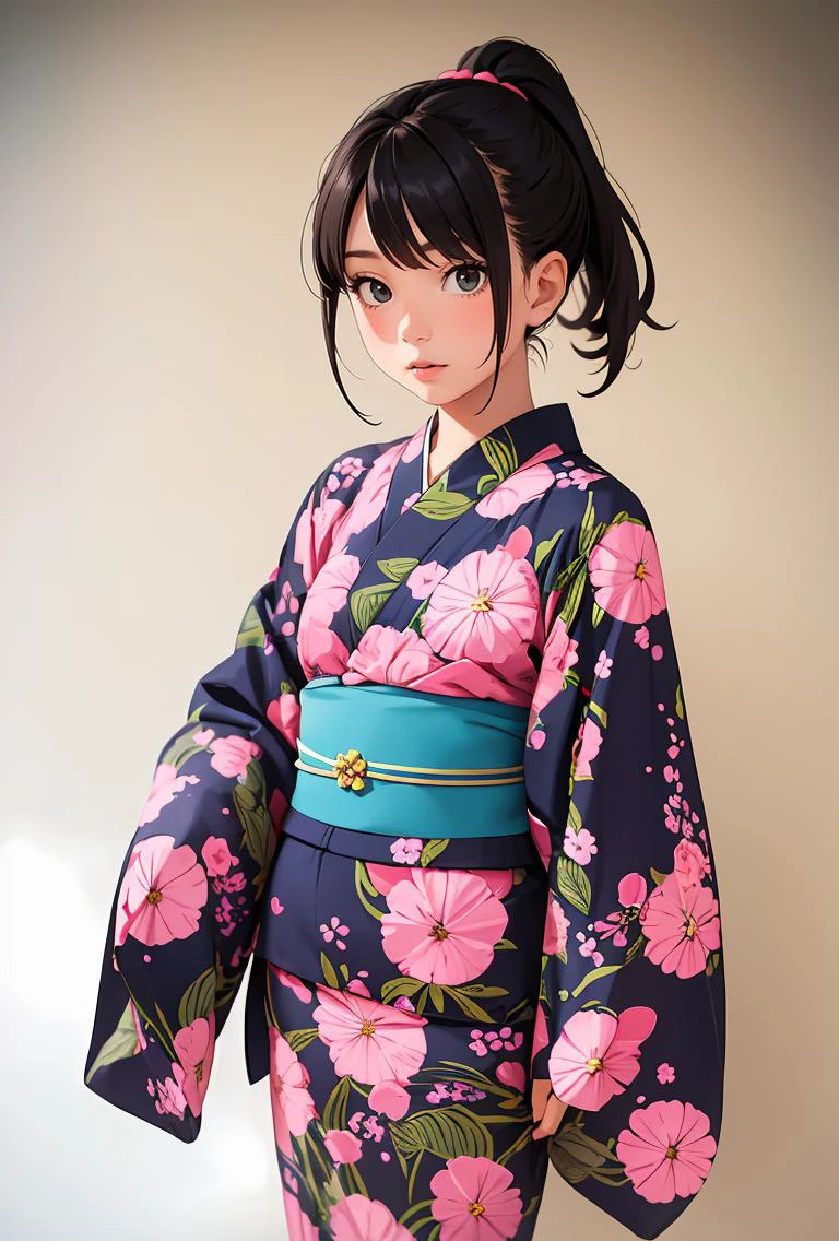 (masterpiece, best quality), 1girl, Dark green Low Ponytail with a Twist, small breasts, <lora:jyoji fuku v7:0.8> jyojifuku,obi,wide sleeves, yukata, dress, floral print