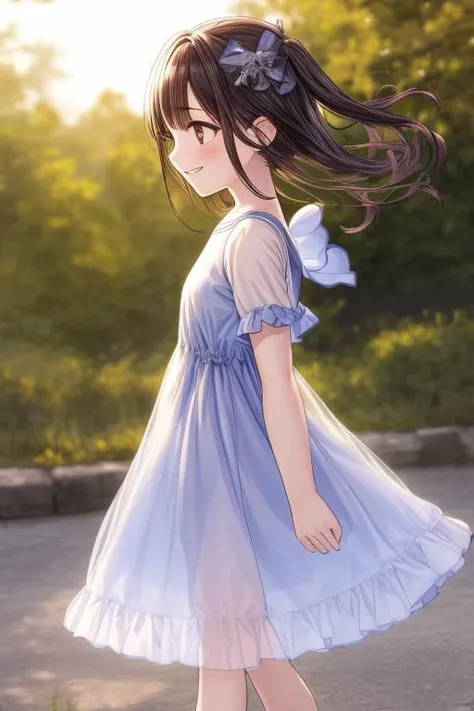 ultra-detailed,masterpiece,best quality,1girl,<lora:add_detail:1> Backlit,see-through,petite,jyoni fuku, dress,outdoor,shiny eyes,evil smile, strong wind,from side<lora:jyoji fuku v1:0.7>