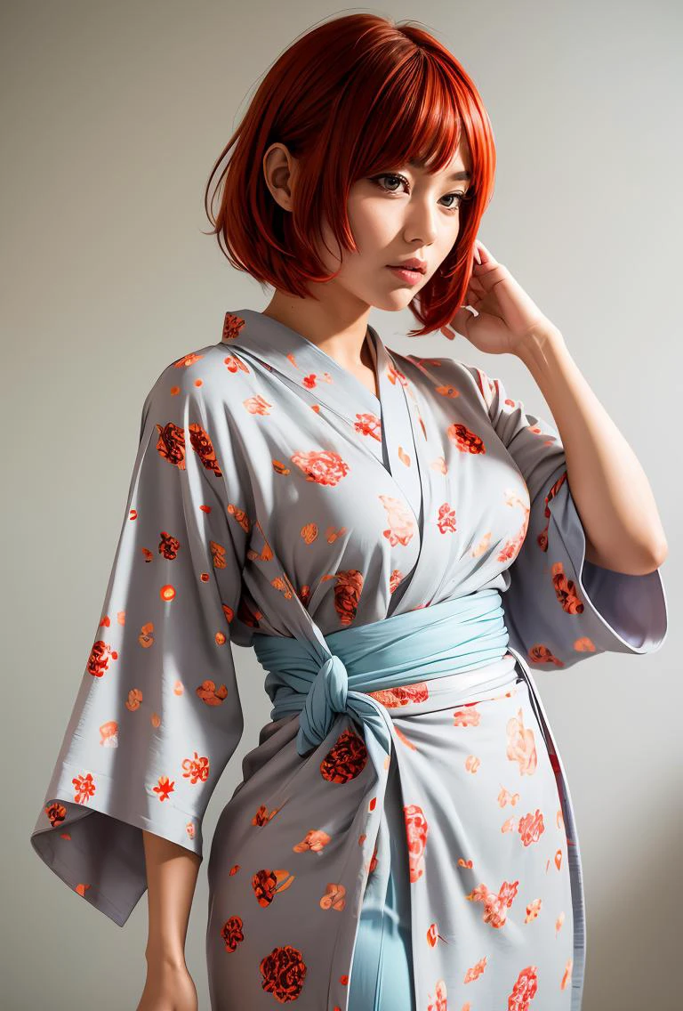 (masterpiece, best quality), 1girl, Copper Red Messy Fringe with Tapered Sides, medium breasts, <lora:jyoji fuku v7:0.8> jyojifuku,obi,wide sleeves, yukata, dress, floral print