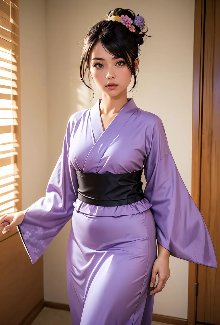 (masterpiece, best quality), 1girl, Lavender Side Swept Updo, Sizes M to Z breasts, <lora:jyoji fuku v7:0.8> jyojifuku,obi,wide sleeves, yukata, dress, floral print