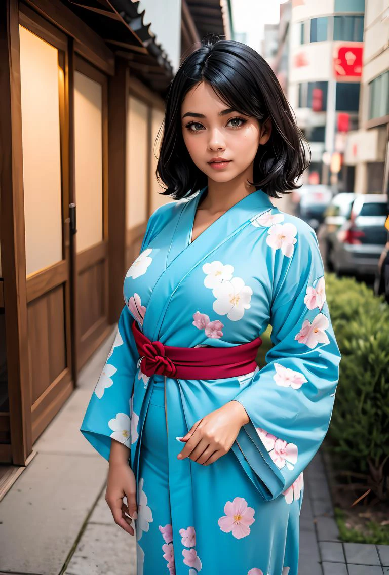 (masterpiece, best quality), 1girl, Turquoise blue Tousled Top with Taper Fade, Size D breasts, <lora:jyoji fuku v7:0.8> jyojifuku,obi,wide sleeves, yukata, dress, floral print