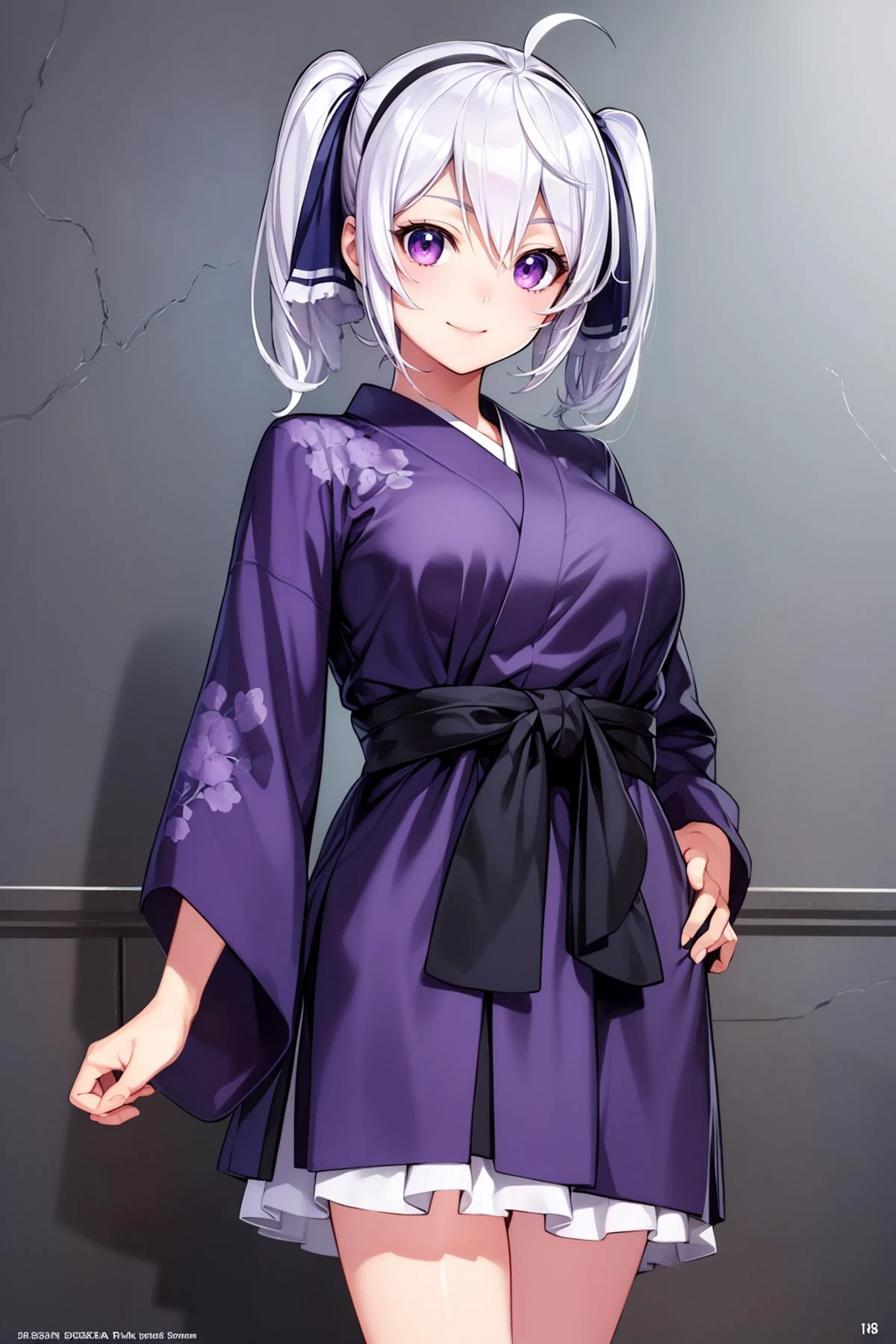 8k high quality detailed,highres,anime,comic,detailed image,
(an illustration of a age girl posing,(an illustration of girl,teengirl)),(magazine_illustration),
(, zena,1girl,white hair,ahoge,twintails,hairband,hair ornament,purple eyes,large breasts),(Genuine Smile),detailed_face,
((Casual hands-in-pockets stance):0.8),
((, jyojifuku,obi,wide sleeves,yukata,(purple dress),floral print):0.85),(,realistic clothing texture,realistic_skin_texture),<lora:zenaprison-nvwls-v1:0.65>,<lora:jyoji fuku v7:0.45>,<lora:more_details:0.2>