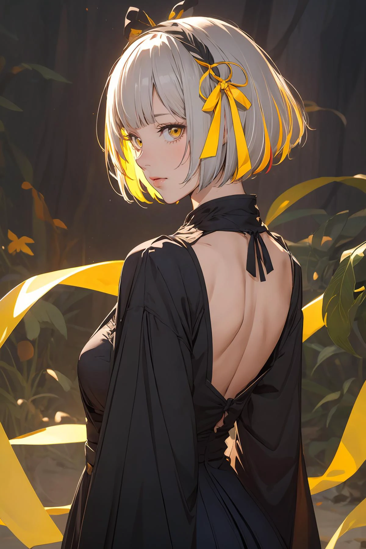 masterpiece,8k high quality detailed,highres,anime,,
illustration \(art_book\),(an illustration of a female,illustration \(female\),(solo)),
,HasturMerry,1girl,short hair,blonde hair,grey hair,bob cut,streaked hair,yellow eyes,medium breasts,(<lora:jyoji fuku v21.0:0.45>, jyojifuku,ofuda,ribbon),Relieved:1.2,detailed_face,
((Peace sign)),
From behind, highlighting the back of the subject and their environment,
(,realistic clothing texture,realistic_skin_texture),<lora:velvia:0.6>,<lora:HasturMerry:0.7>,<lora:more_details:0.3>