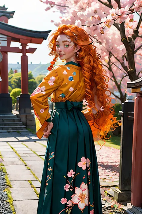 jyojifuku, furisode, hakama, floral print, hair ornament, outside, cherry blossoms, red torii, shrine, sunny, high quality, masterpiece, <lora:jyoji fuku v16.0:.5> 
merida, green eyes, long orange hair, curly hair, looking at viewer, smiling, serious, standing, from_behind, hands on hips, <lora:MERIDA_V1:.7>