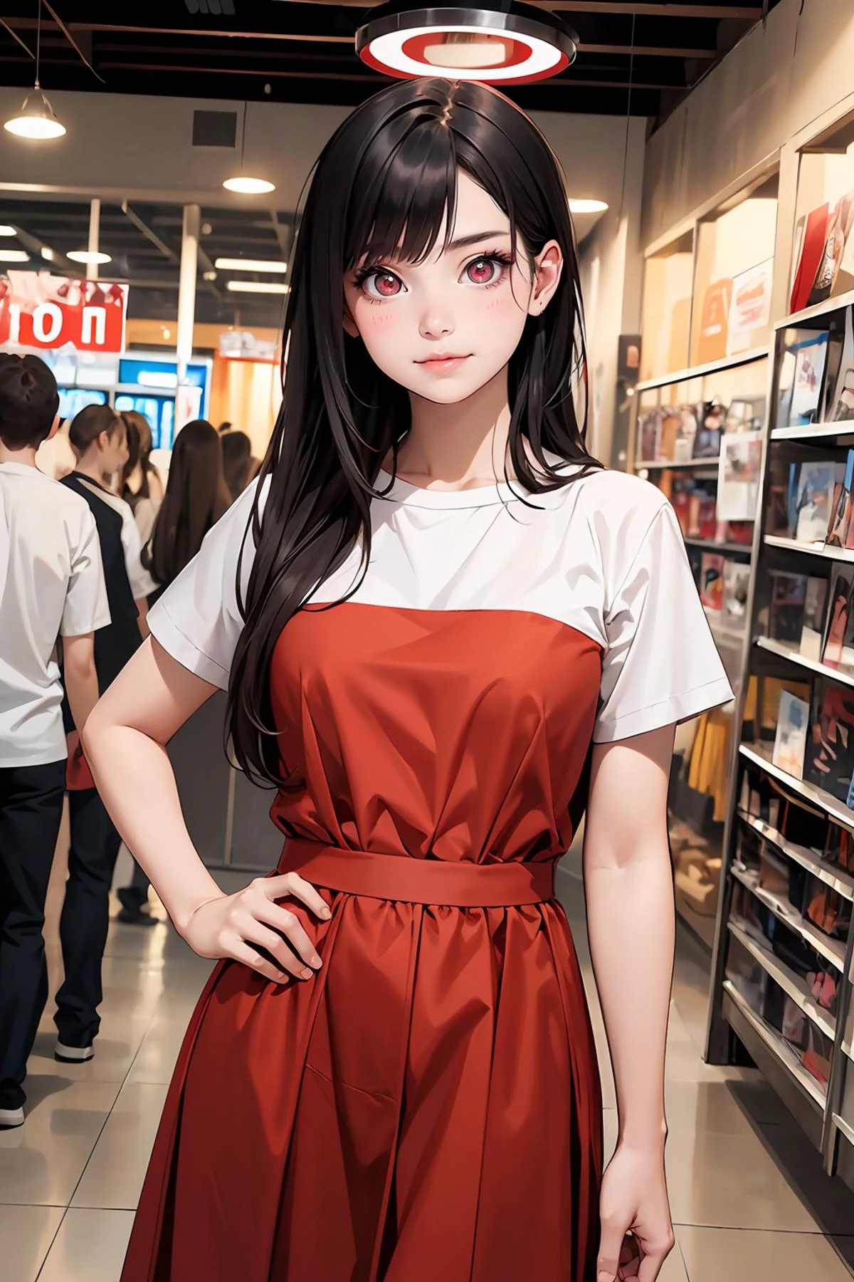 8k high quality detailed,highres,anime,comic,detailed image,
(an illustration of a teenage girl posing,(an illustration of girl,teenage girl)),(magazine_illustration),
(, Rio,1girl,red eyes\(Circle)\,halo\(red)\,black hair,very_long_hair,medium breasts),(Alluring Smile),detailed_face,
((v over eye):0.8),
((, jyoji fuku,dress,shirt):0.85),(,realistic clothing texture,realistic_skin_texture),<lora:Rio:0.65>,<lora:jyoji fuku v3.0:0.45>,<lora:more_details:0.2>