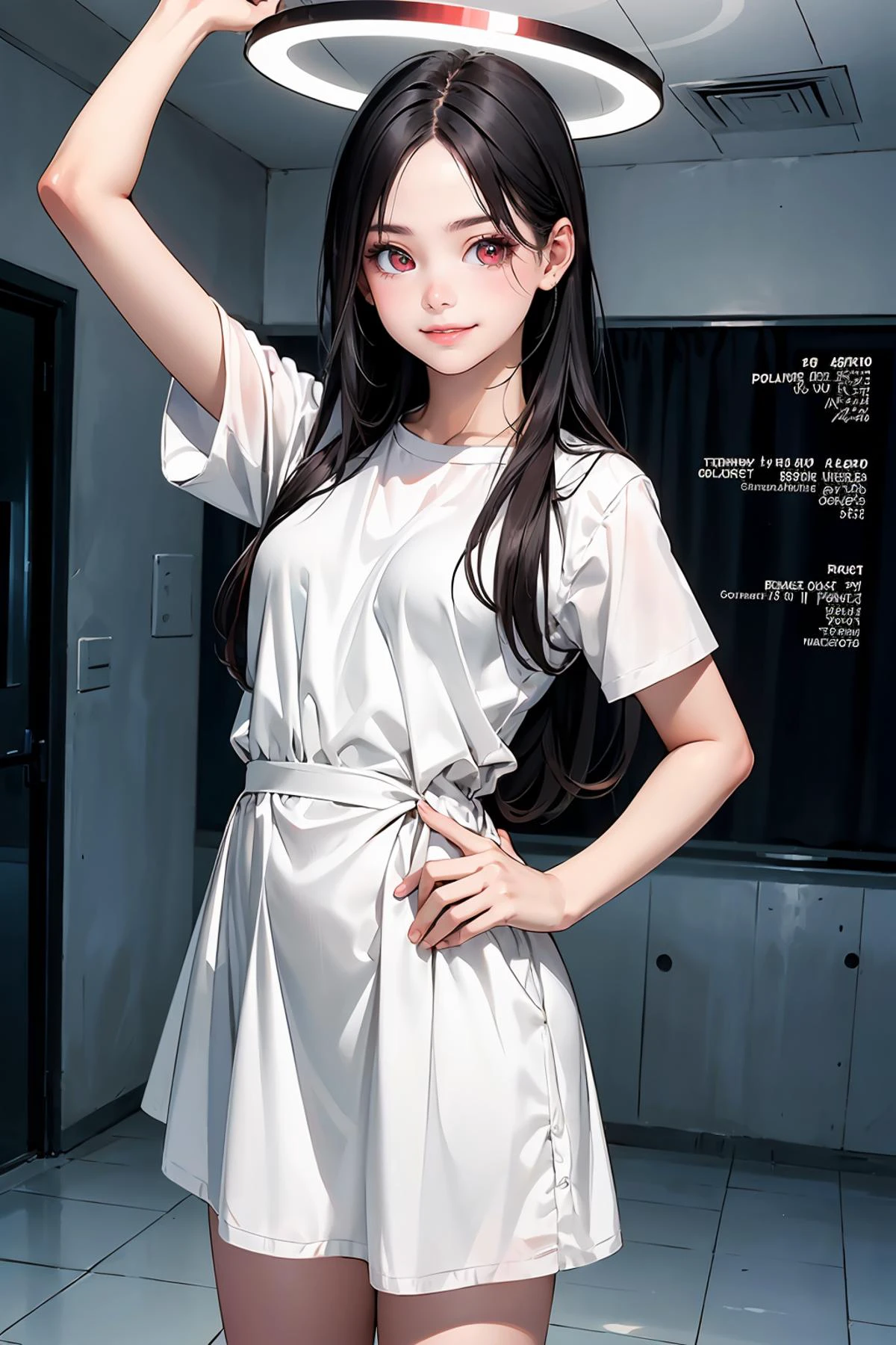 8k high quality detailed,highres,anime,comic,detailed image,
(an illustration of a age girl posing,(an illustration of girl,teengirl)),(magazine_illustration),
(, Rio,1girl,red eyes\(Circle)\,halo\(red)\,black hair,very_long_hair,medium breasts),(Beaming Smile),detailed_face,
((ballet arabesque):0.8),
((, jyoji fuku,dress,shirt):0.85),(,realistic clothing texture,realistic_skin_texture),<lora:Rio:0.65>,<lora:jyoji fuku v3.0:0.45>,<lora:more_details:0.2>
