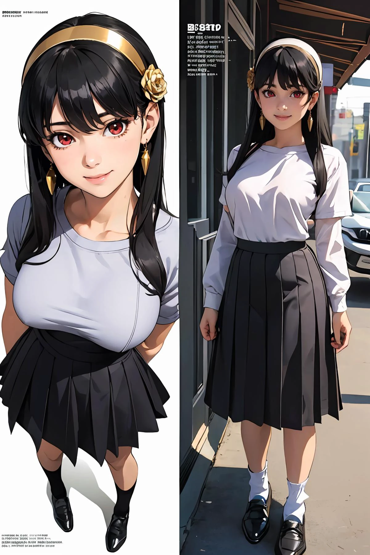 8k high quality detailed,highres,comic,anime,detailed image,
(an illustration of a age girl posing,(an illustration of girl,teengirl)),(magazine_illustration),(magazine_sheet),
(,aayorf,bbyorf,1girl,(red eyes),black_hair,short hair with long locks,hair ornament,hairband,gold earrings,(large breasts)),(Radiant Smile),detailed_face,realistic_skin_texture,
((kamina pose):0.5),
(<lora:jyoji fuku v2:0.4>, jyoji fuku,shirt,skirt,socks,shoes,short sleeves,long sleeves),realistic clothing texture,<lora:yor_forger_v1:0.6>