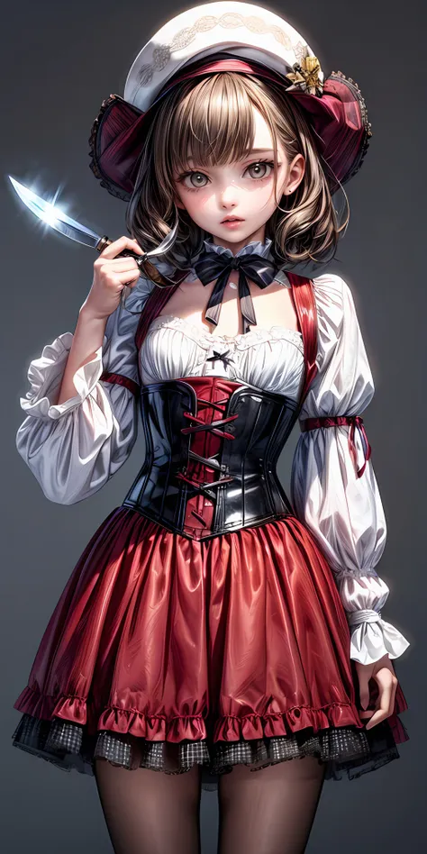 (masterpiece,ultra-detailed,best quality,8K,CG,illustration,shaved:1.0),(petite girl:1.0) <lora:more_details:1>, simple background, 
 <lora:jyoji fuku v20.0:0.6> jyojifuku belt, corset,skirt,holding knife,cowboy shot