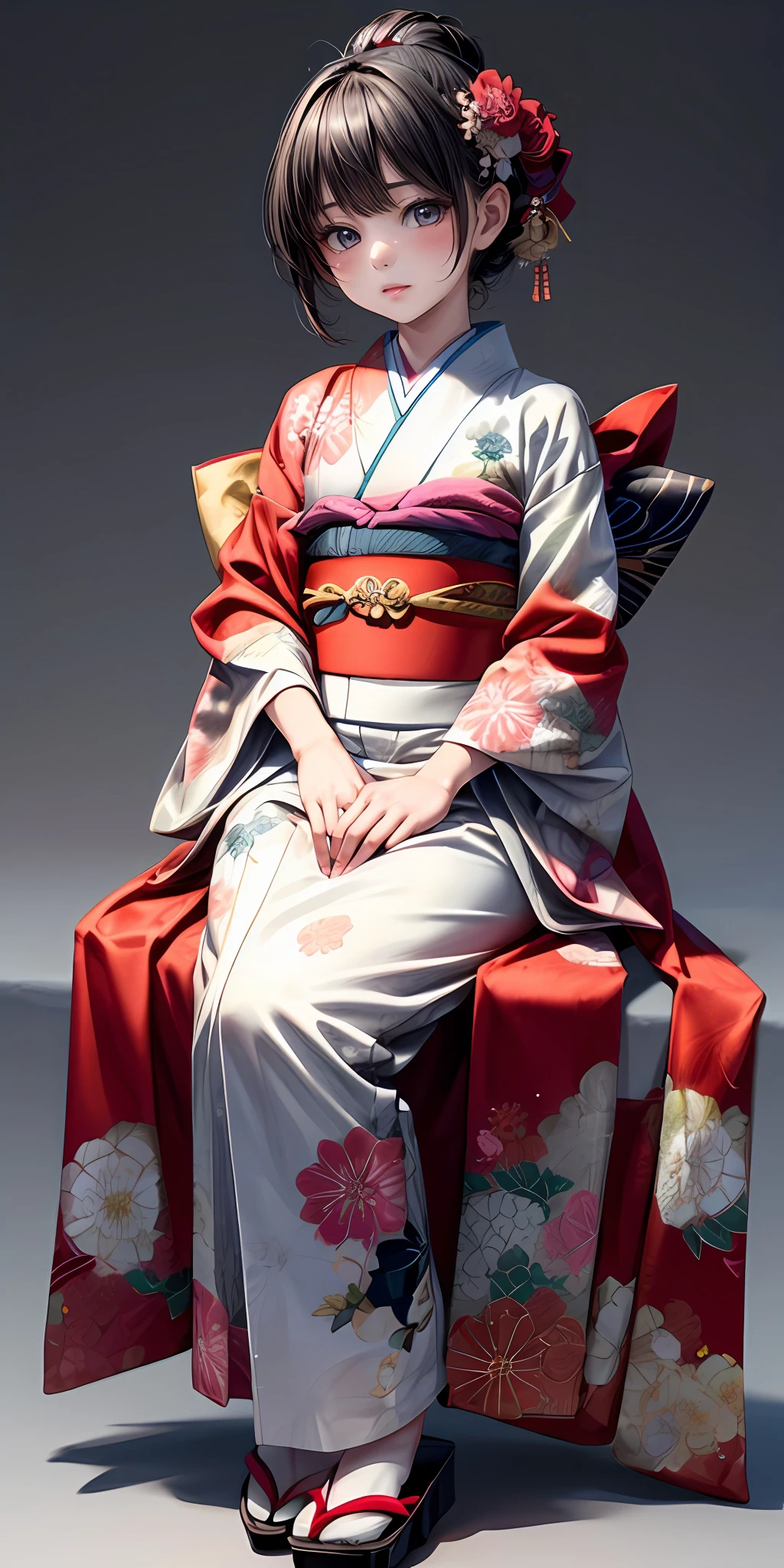 (masterpiece,ultra-detailed,best quality,8K,CG,illustration,shaved:1.0),(ite girl:1.2), <lora:more_details:1> ,simple background, <lora:jyoji fuku v15.0:0.4> jyojifuku, furisode, kimono, long sleeves, hair ornament, sitting