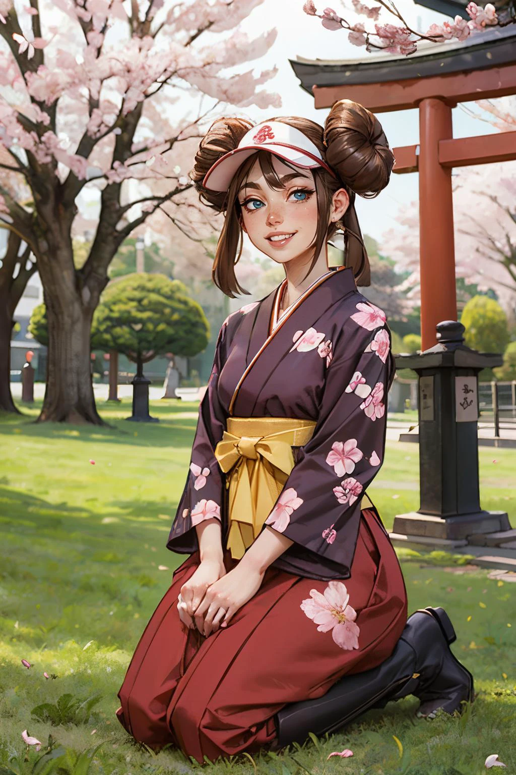 jyojifuku, furisode, hakama, floral print, hair ornament, boots, outside, cherry blossoms, red torii, shrine, sunny, high quality, masterpiece, <lora:jyoji fuku v16.0:.5>
rosa_pokemon,long brown hair, hair buns, visor, blue eyes, looking at viewer, smiling, teeth, sitting, seiza, on grass, <lora:rosa_pokemon:.8>