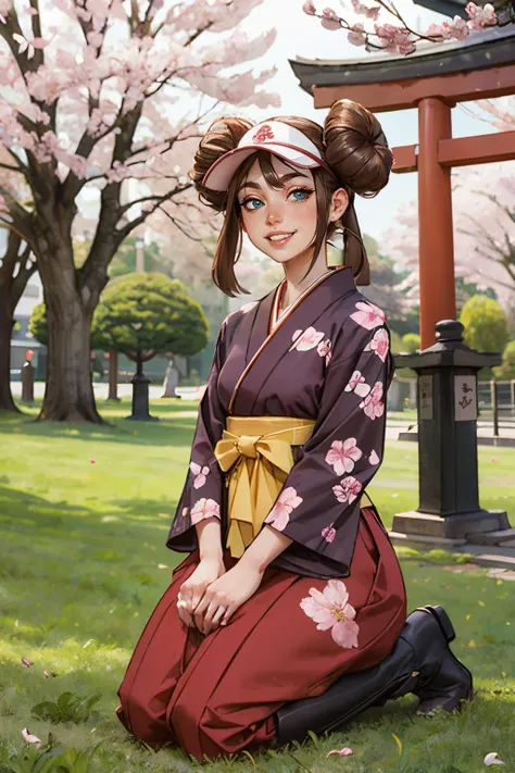 jyojifuku, furisode, hakama, floral print, hair ornament, boots, outside, cherry blossoms, red torii, shrine, sunny, high quality, masterpiece, <lora:jyoji fuku v16.0:.5> 
rosa_pokemon,long brown hair, hair buns, visor, blue eyes, looking at viewer, smiling, teeth, sitting, seiza, on grass, <lora:rosa_pokemon:.8>