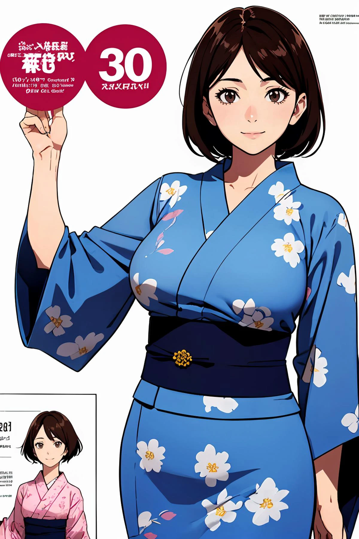 8k high quality detailed,highres,comic,anime,detailed image,
(an illustration of a age girl posing,(an illustration of girl,teengirl)),(magazine_illustration),(magazine_sheet),
(, FumikoAkebi,1woman,30yo,short hair,brown hair,brown eyes,large breasts),(Wry Smile),detailed_face,realistic_skin_texture,
((finger heart):0.5),
(, jyojifuku,obi,wide sleeves,yukata,dress,floral print),realistic clothing texture,<lora:FumikoAkebi:0.6>,<lora:jyoji fuku v7:0.45>
