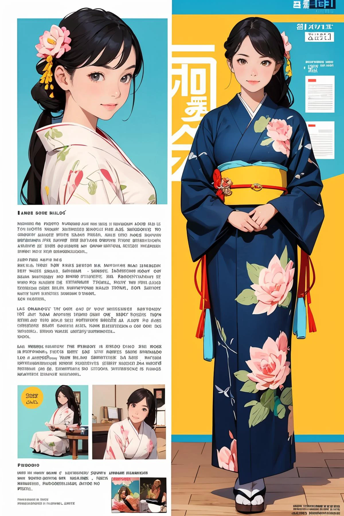 8k high quality detailed,highres,anime,comic,detailed image,
(an illustration of a age girl posing,(an illustration of girl,teengirl)),(magazine_illustration),(multiple view manuscript),(magazine_sheet),
(1girl,asian_female,two-tone hair, very long hair, single hair bun, yellow eyes, mature female, milf, large breasts,(Innocent Smile):0.85),detailed_face,realistic_skin_texture,
((lotus position):0.8),
((<lora:jyoji fuku v15.0:0.45>, jyojifuku,furisode,kimono,long sleeves,hair ornament):0.8),realistic clothing texture,