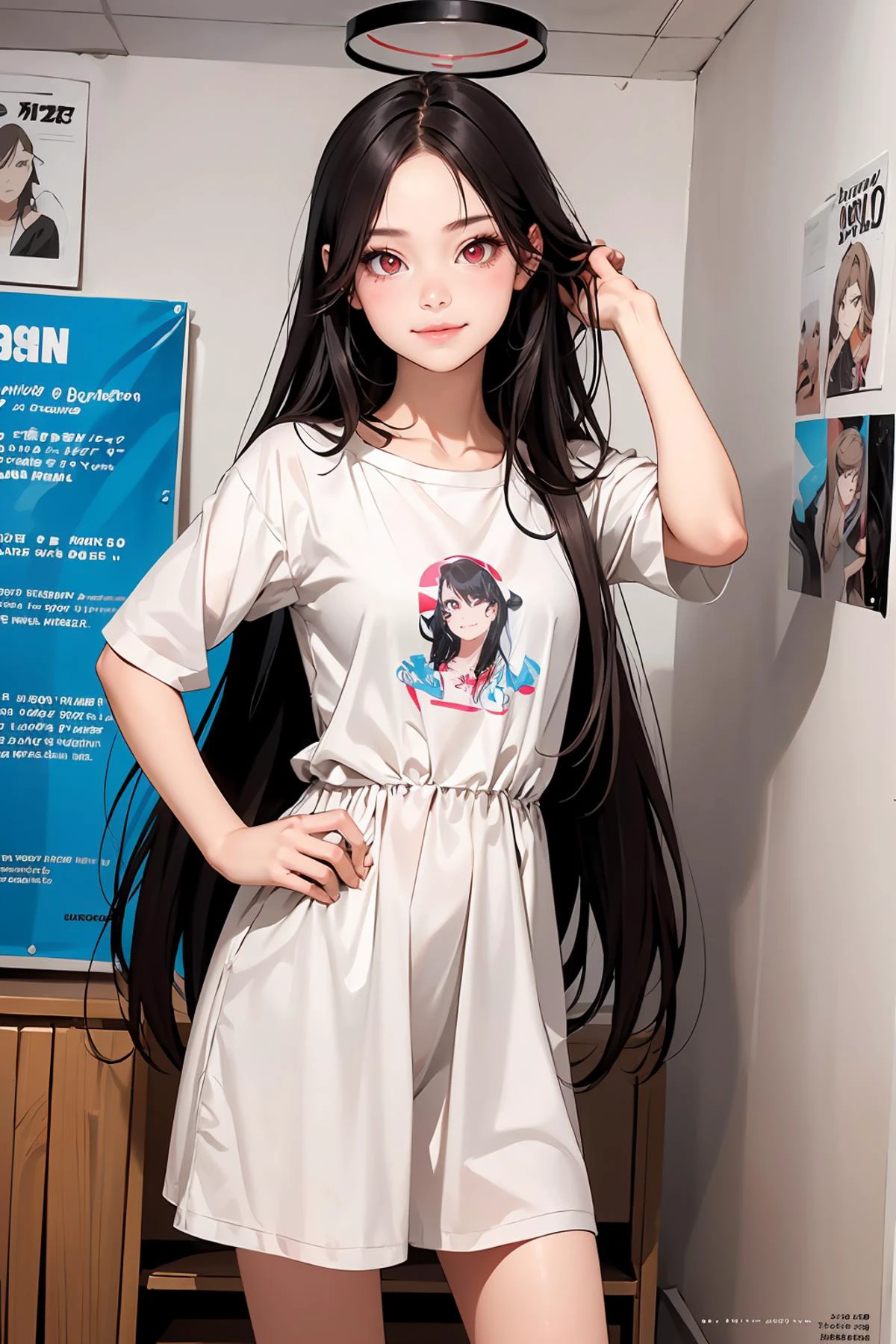 8k high quality detailed,highres,anime,comic,detailed image,
(an illustration of a age girl posing,(an illustration of girl,teengirl)),(magazine_illustration),
(, Rio,1girl,red eyes\(Circle)\,halo\(red)\,black hair,very_long_hair,medium breasts),(Playful Smile),detailed_face,
((looking_to_the_side):0.8),
((, jyoji fuku,dress,shirt):0.85),(,realistic clothing texture,realistic_skin_texture),<lora:Rio:0.65>,<lora:jyoji fuku v3.0:0.45>,<lora:more_details:0.2>