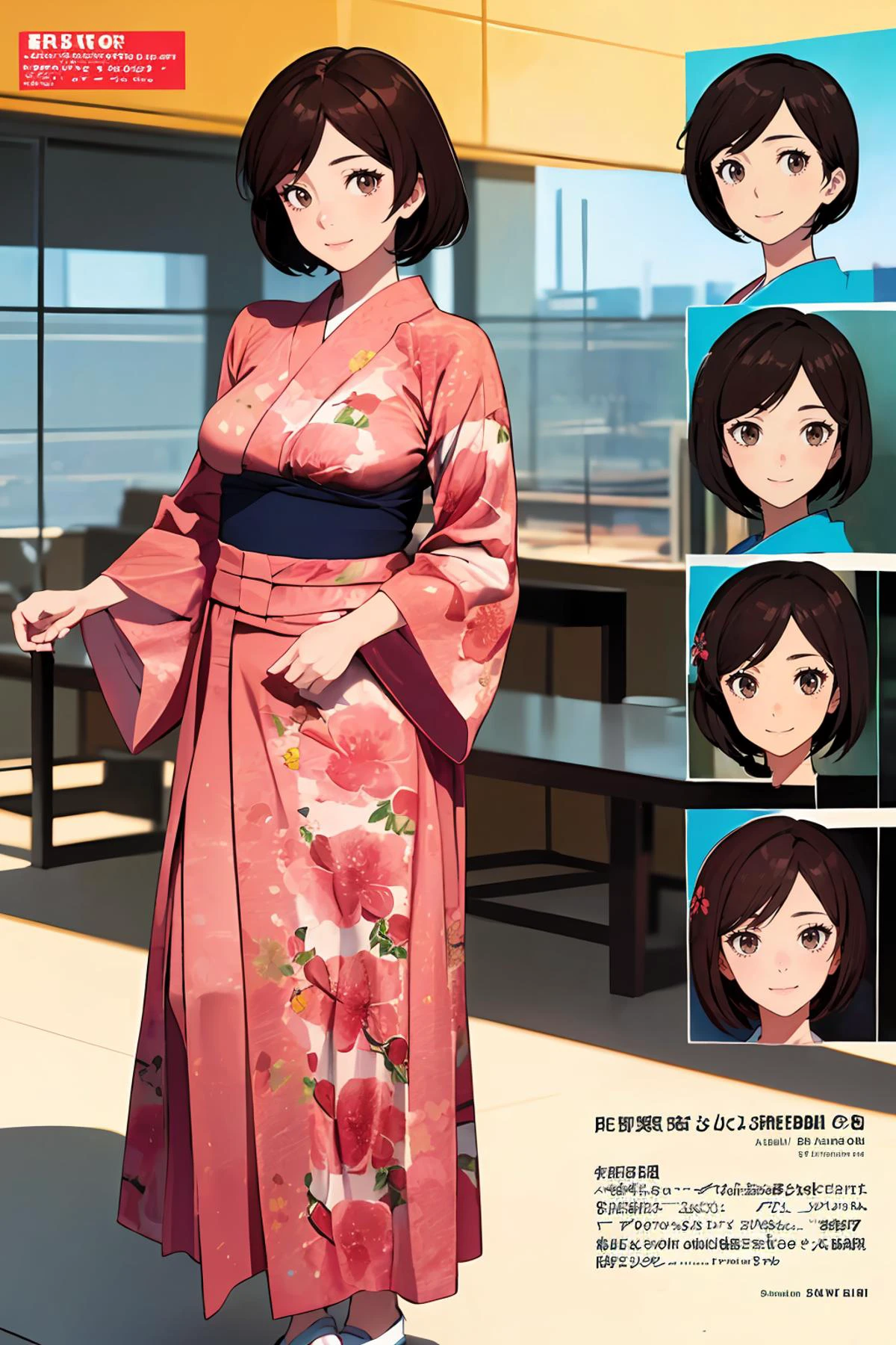 8k high quality detailed,highres,comic,anime,detailed image,
(an illustration of a age girl posing,(an illustration of girl,teengirl)),(magazine_illustration),(magazine_sheet),
(, FumikoAkebi,1woman,30yo,short hair,brown hair,brown eyes,large breasts),(Pan Am Smile),detailed_face,realistic_skin_texture,
((reaching):0.5),
(, jyojifuku,obi,wide sleeves,yukata,dress,floral print),realistic clothing texture,<lora:FumikoAkebi:0.6>,<lora:jyoji fuku v7:0.45>