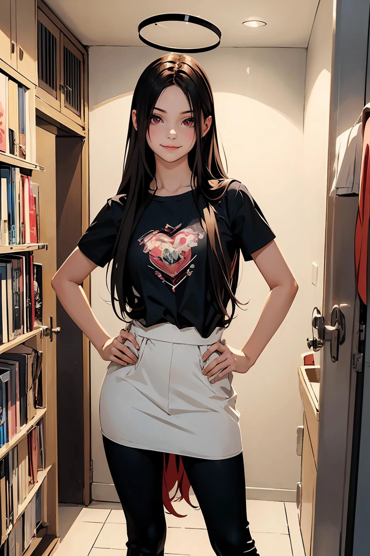 8k high quality detailed,highres,anime,comic,detailed image,
(an illustration of a age girl posing,(an illustration of girl,teengirl)),(magazine_illustration),
(, Rio,1girl,red eyes\(Circle)\,halo\(red)\,black hair,very_long_hair,medium breasts),(Sarcastic Smile),detailed_face,
((Standing with legs wide apart, hands on hips,):0.8),
((, jyoji fuku,dress,shirt):0.85),(,realistic clothing texture,realistic_skin_texture),<lora:Rio:0.65>,<lora:jyoji fuku v3.0:0.45>,<lora:more_details:0.2>