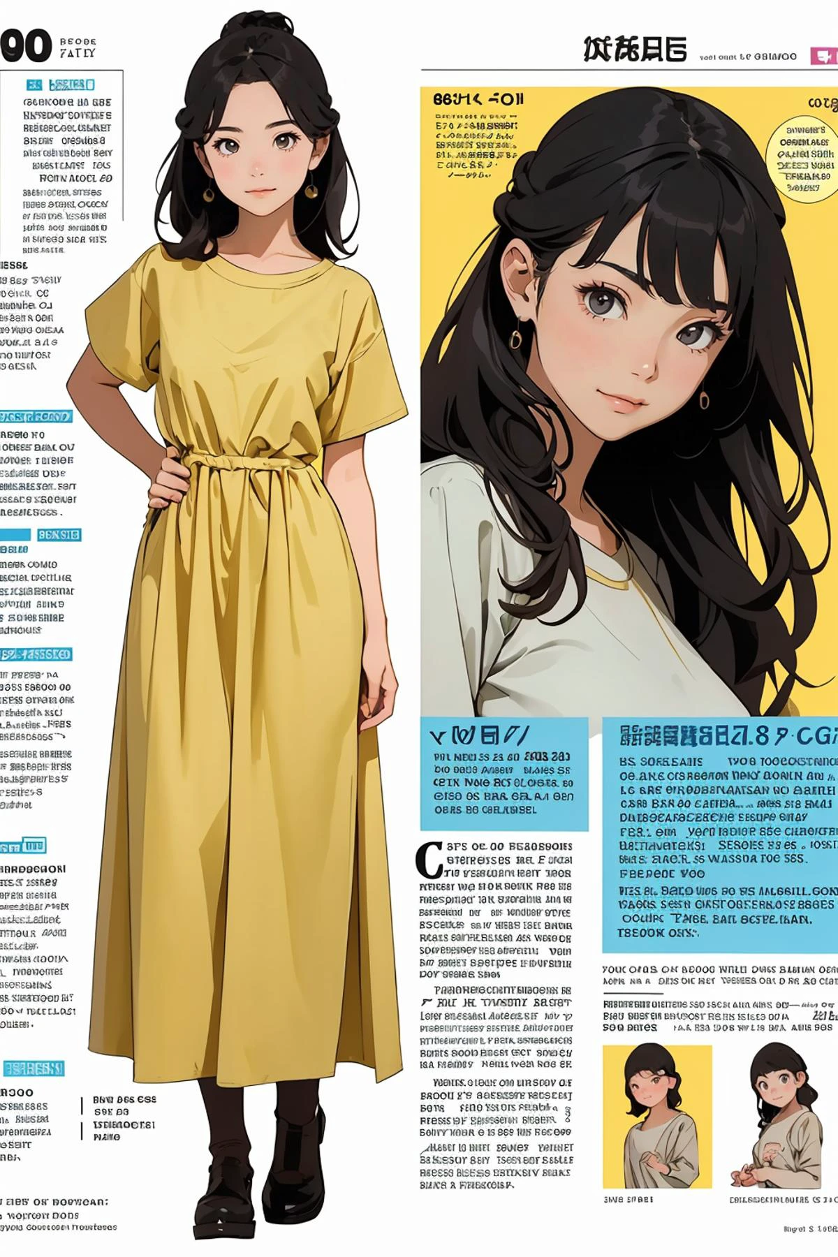 8k high quality detailed,highres,anime,comic,detailed image,
(an illustration of a age girl posing,(an illustration of girl,teengirl)),(magazine_illustration),(multiple view manuscript),(magazine_sheet),
(1girl,asian_female,amber hair, medium hair, single hair bun, yellow eyes, thick, large breasts,(Mischievous Smile):0.85),detailed_face,realistic_skin_texture,
((With one hand touching her chin, eyes gazing into the distance, she emanates contemplation and wonderment):0.8),
((<lora:jyoji fuku v3.0:0.45>, jyoji fuku,dress,shirt):0.8),realistic clothing texture,