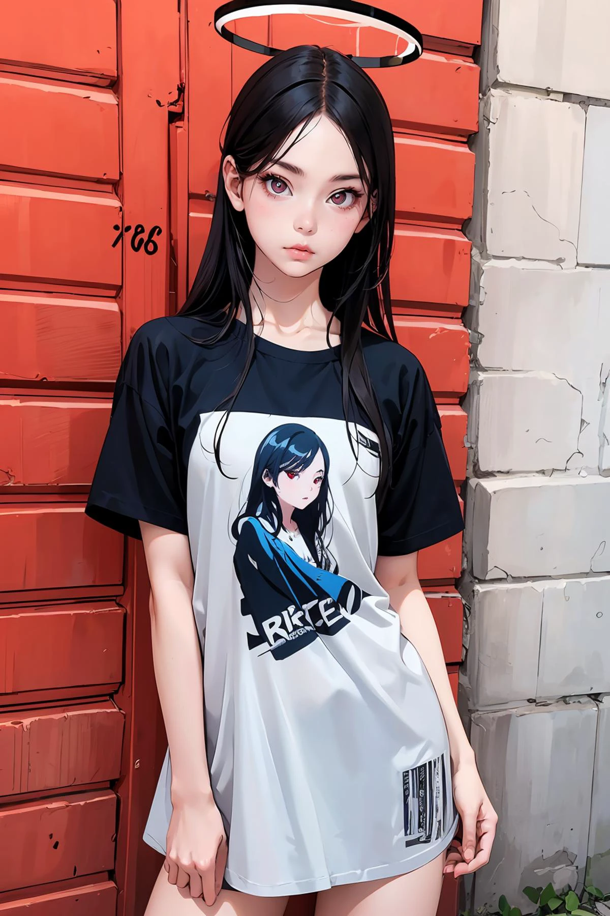 8k high quality detailed,highres,anime,comic,detailed image,
(an illustration of a age girl posing,(an illustration of girl,teengirl)),(magazine_illustration),
(, Rio,1girl,red eyes\(Circle)\,halo\(red)\,black hair,very_long_hair,medium breasts),(Pout),detailed_face,
((Leaning against a graffiti-covered wall, looking cool and urban in a street style pose,):0.8),
((, jyoji fuku,dress,shirt):0.85),(,realistic clothing texture,realistic_skin_texture),<lora:Rio:0.65>,<lora:jyoji fuku v3.0:0.45>,<lora:more_details:0.2>