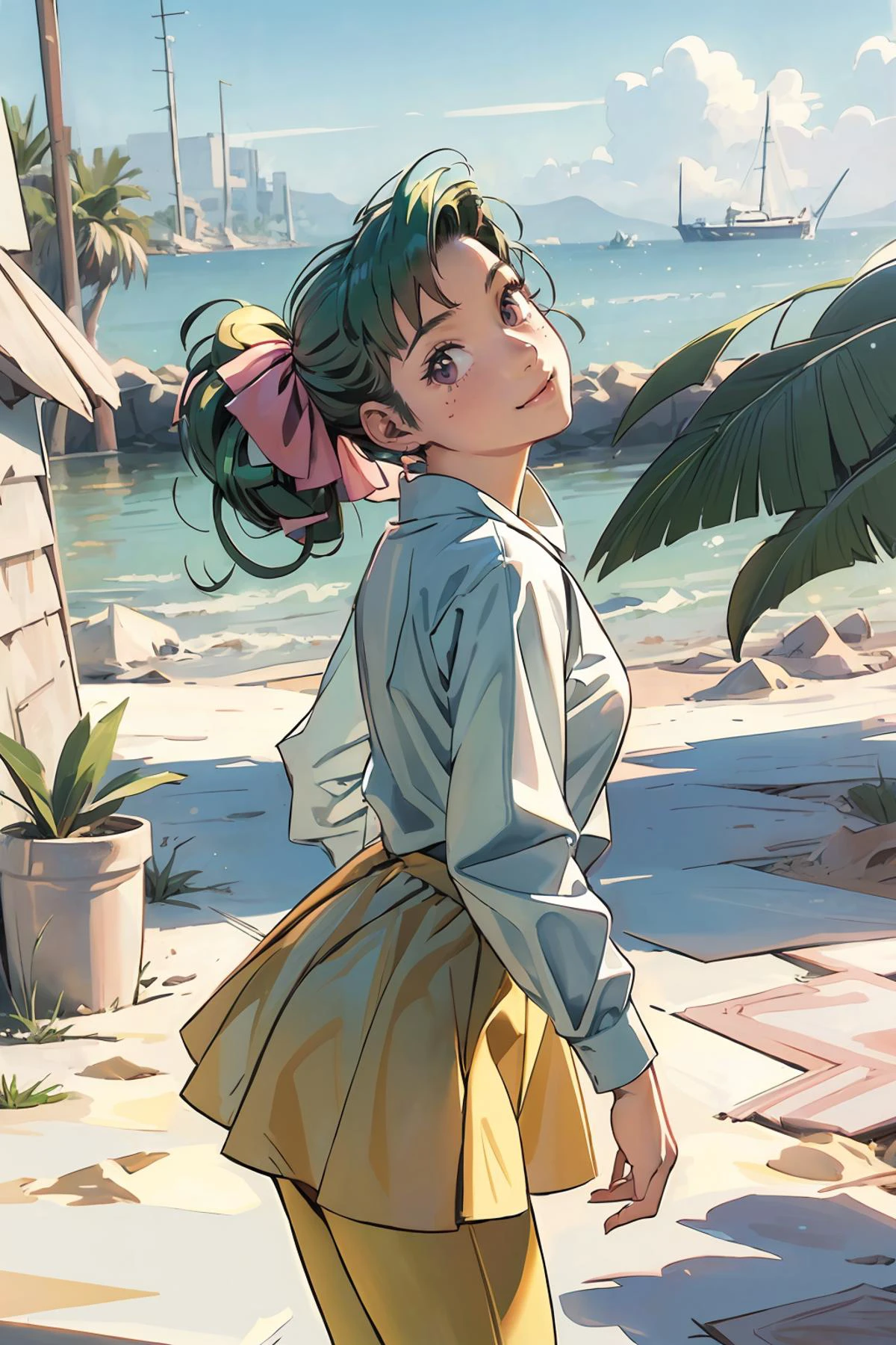 8k high quality detailed,highres,anime,comic,detailed image,
(an illustration of a age girl posing,an illustration of girl,teengirl,magazine_sheet),(magazine_illustration),
((<lora:HatsuenoAlpha:0.85>,HatsuenoAlpha,1girl,green_hair,pony-tail,pink_hair_ribbon,medium breasts):0.9),Devilish Smile,detailed_face,
(, shaft head tilt,head_up,looking back,looking at viewer),
((<lora:jyoji fuku v4:0.45>, jyojifuku,skirt,long sleeves,shirt,leggings,sneakers):0.85),(,realistic clothing texture,realistic_skin_texture),<lora:shaft_head_tilt-SD-1.0:0.85>,<lora:more_details:0.2>