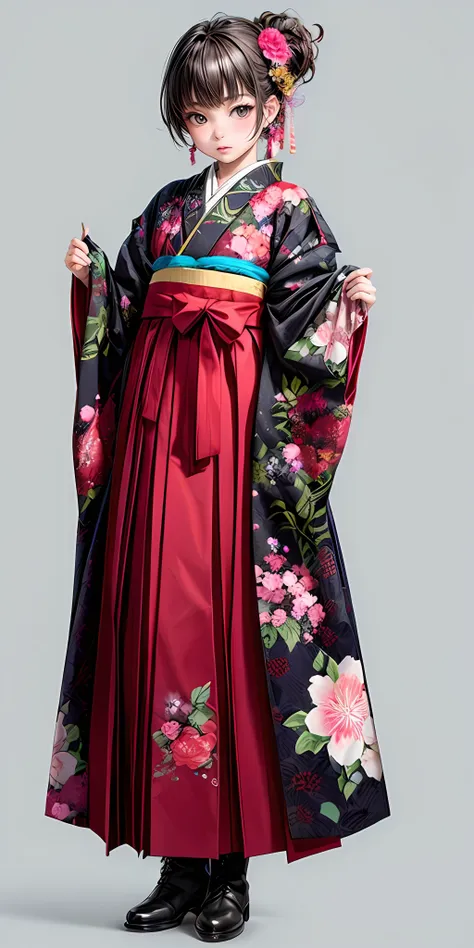 (masterpiece,ultra-detailed,best quality,8K,CG,illustration,shaved:1.0),(petite girl:1.0) <lora:more_details:1>, simple background,    
 <lora:jyoji fuku v16.0:0.5> jyojifuku, furisode, hakama, floral print, hair ornament, boots, flower