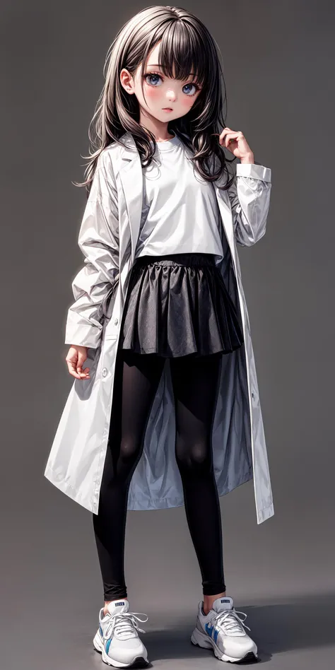 (masterpiece,ultra-detailed,best quality,8K,CG,illustration,shaved:1),(petite girl:1.2),long hair,<lora:more_details:1>,simple background,<lora:jyoji fuku v4:0.4>,jyojifuku,skirt,white coat,long sleeves,shirt,leggings,sneakers,