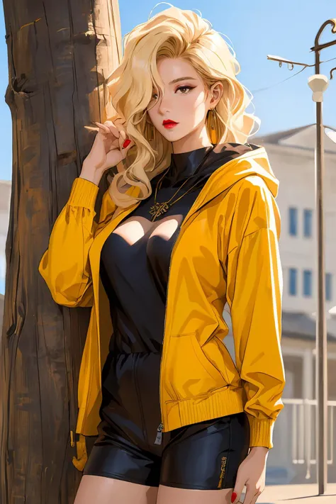 masterpiece,8k high quality detailed,highres,anime,,illustration \(art_book\),
(an illustration of a female,illustration \(female\),(solo)),
,long hair,wavy hair,blonde hair,brown eyes,hair over one eye,jewelry,lipstick,red lips,makeup,earrings,large breasts,nail polish,[(<lora:jyoji fuku v14.0:0.45>, jyojifuju,parker,jacket,hoodie,hood)],Inquisitive:1.2,detailed_face,
((Standing, hand on a tree or pole)),(Through an over-the-shoulder perspective, providing context and depth),
(,realistic clothing texture,realistic_skin_texture),<lora:velvia:0.6>,<lora:ANIME_MadamePresident_aiwaifu:0.7>,<lora:more_details:0.3>