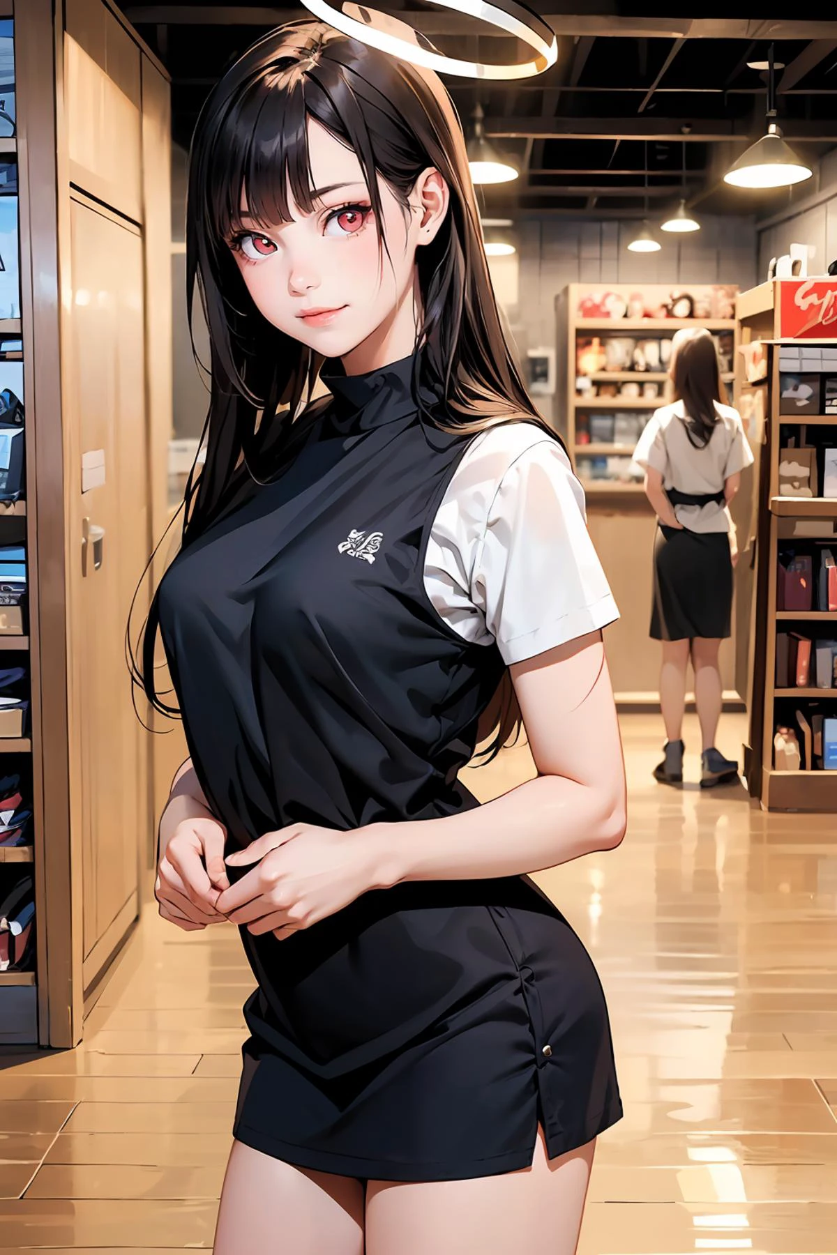 8k high quality detailed,highres,anime,comic,detailed image,
(an illustration of a age girl posing,(an illustration of girl,teengirl)),(magazine_illustration),
(, Rio,1girl,red eyes\(Circle)\,halo\(red)\,black hair,very_long_hair,medium breasts),(Sweet Smile),detailed_face,
(((dynamic pose)):0.8),
((, jyoji fuku,dress,shirt):0.85),(,realistic clothing texture,realistic_skin_texture),<lora:Rio:0.65>,<lora:jyoji fuku v3.0:0.45>,<lora:more_details:0.2>