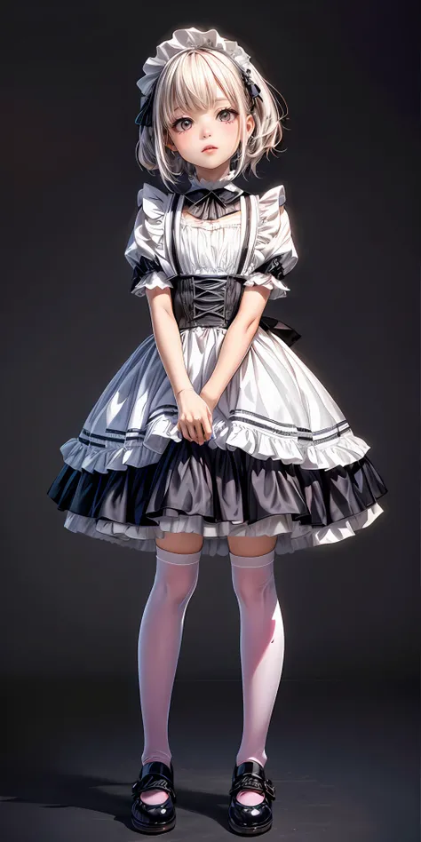 (masterpiece,ultra-detailed,best quality,8K,CG,illustration,shaved:1.0),(petite girl:1.0) <lora:more_details:1>, simple background,
<lora:jyoji fuku v18.0:0.6> jyojifuku, kneehighs, frills, shoes