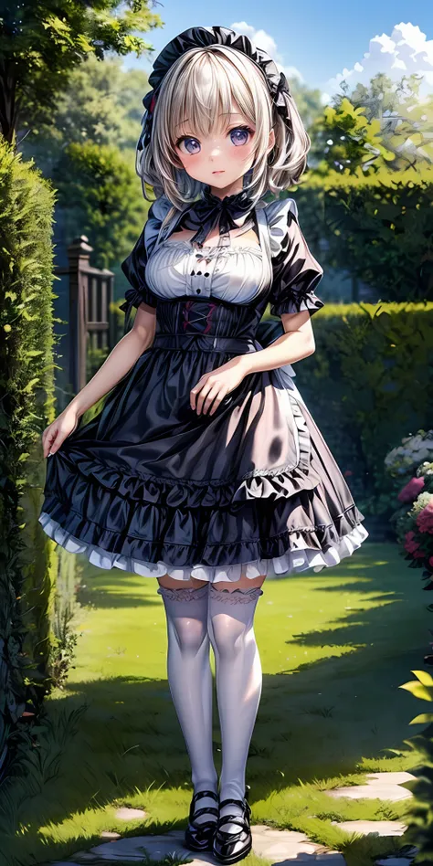 (masterpiece,ultra-detailed,best quality,8K,CG,illustration,shaved:1.0),(petite girl:1.0) <lora:more_details:1>, simple background, 
 <lora:jyoji fuku v18.0:0.5> jyojifuku, frills, apron,thighhighs,shoes,garden,outdoor,sky,bow <lora:lkp v1.1:0.4> lkp, breasts