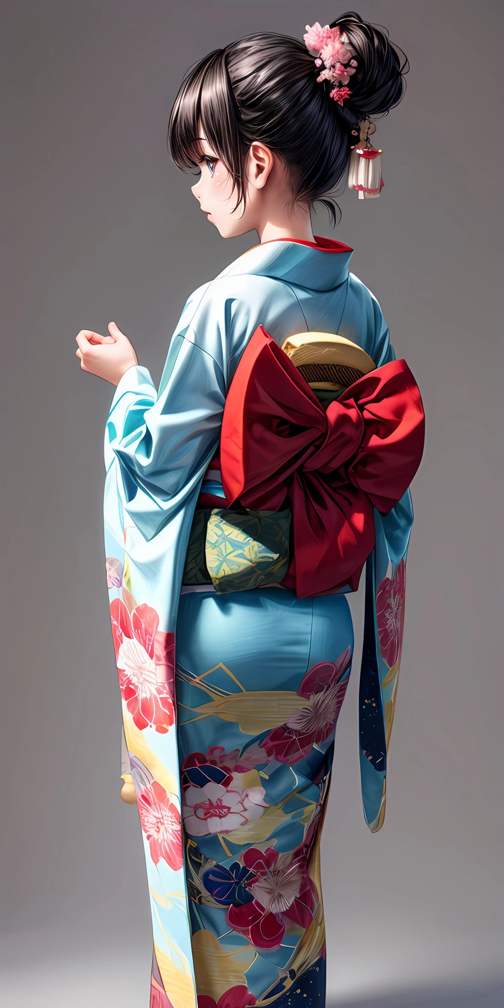 (masterpiece,ultra-detailed,best quality,8K,CG,illustration,shaved:1.0),(ite girl:1.2), <lora:more_details:1> ,simple background, <lora:jyoji fuku v15.0:0.5> jyojifuku, furisode, kimono, long sleeves, hair ornament, from behind