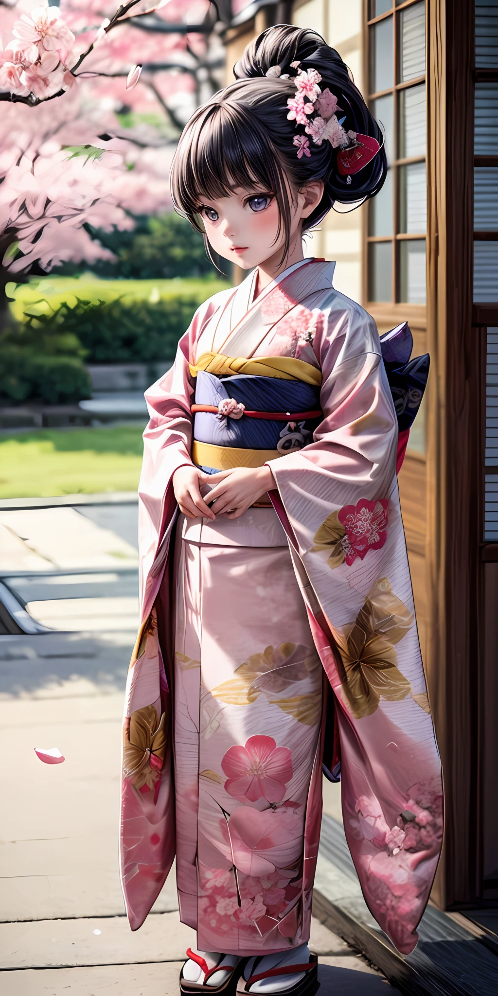 (masterpiece,ultra-detailed,best quality,8K,CG,illustration,shaved:1.0),(ite girl:1.2), <lora:more_details:1> , <lora:jyoji fuku v15.0:0.4> jyojifuku, furisode, kimono, long sleeves, hair ornament, cherry blossom,putdoor