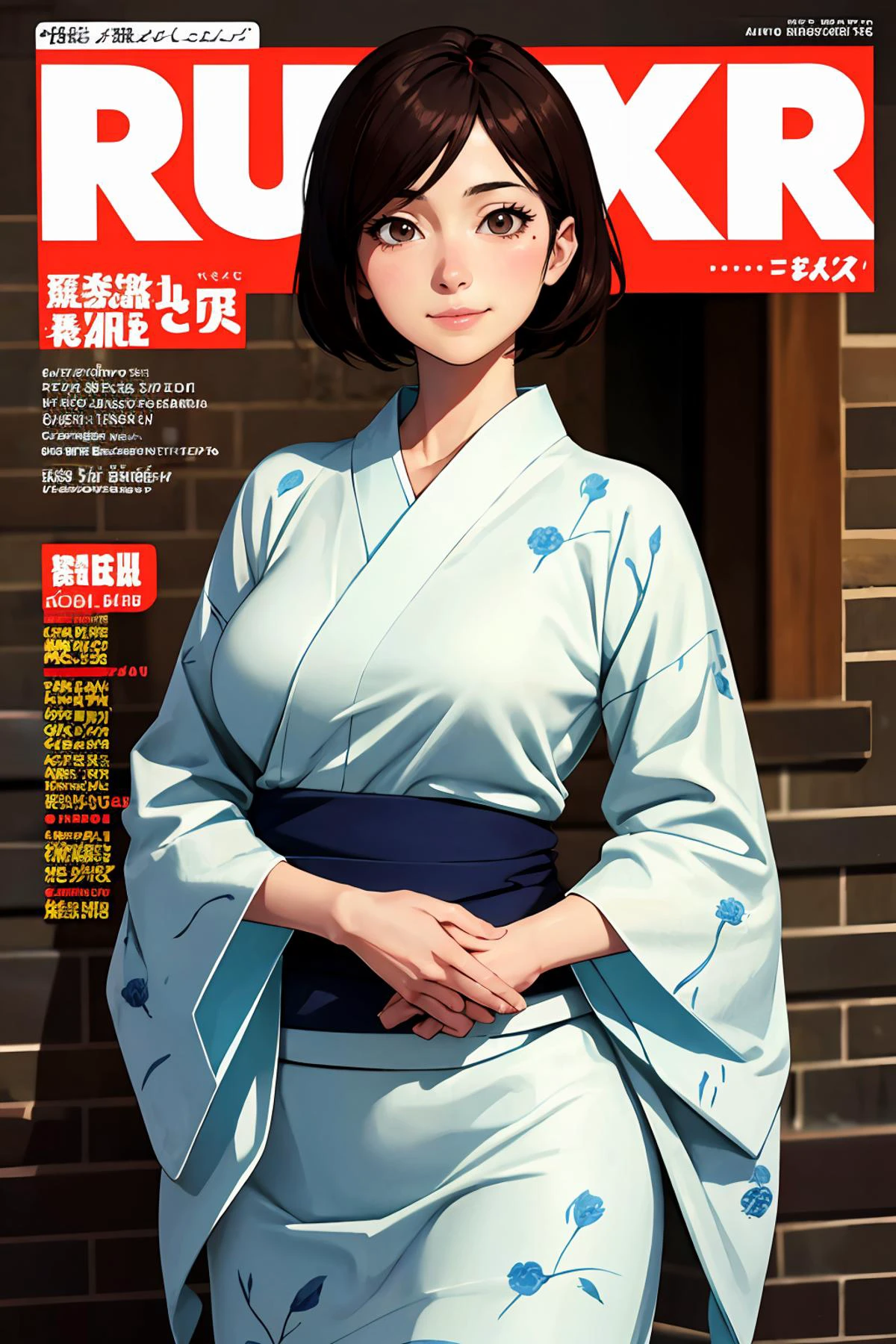 8k high quality detailed,highres,comic,anime,detailed image,
(an illustration of a age girl posing,(an illustration of girl,teengirl)),(magazine_illustration),(magazine_sheet),
(, FumikoAkebi,1woman,30yo,short hair,brown hair,brown eyes,large breasts),(Dazzling Smile),detailed_face,realistic_skin_texture,
((Leaning against a pillar or column, looking thoughtful and introspective,):0.5),
(, jyojifuku,obi,wide sleeves,yukata,dress,floral print),realistic clothing texture,<lora:FumikoAkebi:0.6>,<lora:jyoji fuku v7:0.45>