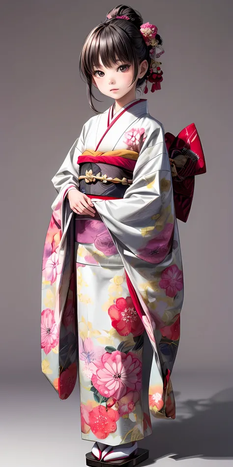 (masterpiece,ultra-detailed,best quality,8K,CG,illustration,shaved:1.0),(petite girl:1.2),  <lora:more_details:1> ,simple background, <lora:jyoji fuku v15.0:0.5> jyojifuku, furisode, kimono, long sleeves, hair ornament, plum theme