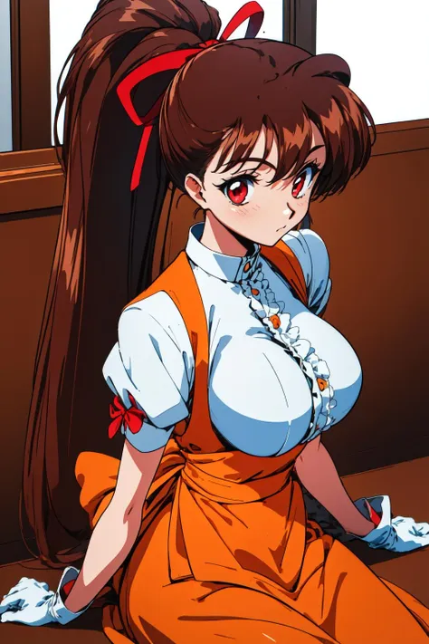 1girl, restaurant,
yuuka, huge breasts, red eyes, brown hair, long hair, red ribbon, hair ribbon, very long hair, high ponytail, ponytail, white gloves, frilled shirt, underbust, waitress, short sleeves, orange skirt, skirt, <lora:VG_Yuuka_lora_ver1:0.7>, best quality, masterpiece, highres, <lora:GoodHands-vanilla:1>