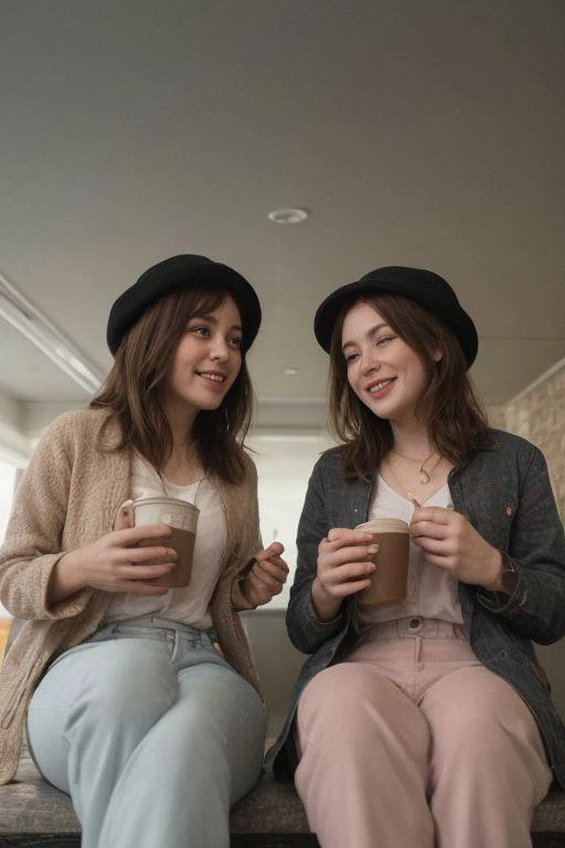 two women sitting in a cafe. Highly decorated..
Wearing winter clothes (jacket, pants, and hat)
Brunette, dark long straight hair. 
smiling. Happy. 
Holding a cup of coffee.
At night time.