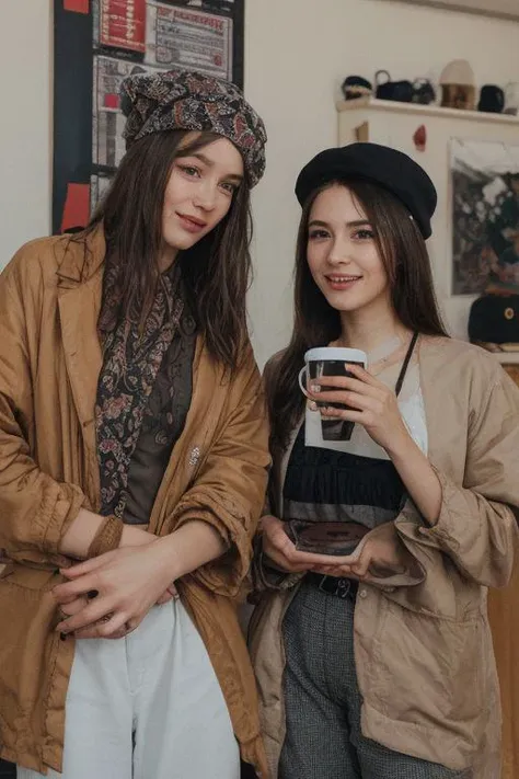 two women sitting in a cafe. Highly decorated..
Wearing winter clothes (jacket, pants, and hat)
Brunette, dark long straight hair. 
smiling. Happy. 
Holding a cup of coffee.
At night time.