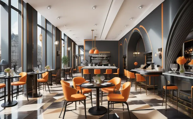 a dimly lit restaurant with orange chairs and a bar, octane render detailed, bright daylight moody, aristocratic appearance, inspired by Grace Pailthorpe, trending on interfacelift, paris hotel style, award-winning render, 3 6 0 render panorama, private press<lyco:Vu_cafe:1.0>