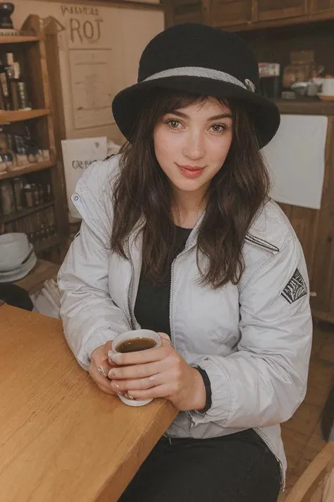 A woman sitting in a cafe. Highly decorated..
Wearing winter clothes (jacket, pants, and hat)
Brunette, dark long straight hair. 
smiling. Happy. 
Holding a cup of coffee.
At night time.