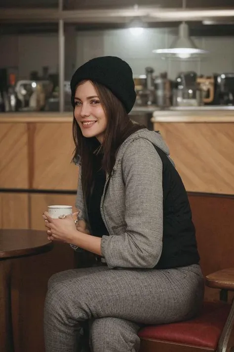 A woman sitting in a cafe. Highly decorated..
Wearing winter clothes (jacket, pants, and hat)
Brunette, dark long straight hair. 
smiling. Happy. 
Holding a cup of coffee.
At night time.